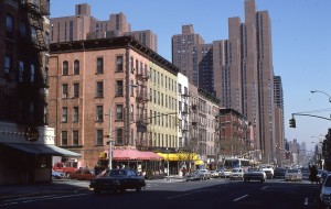 Looking up 2nd Ave. from E. 88th St., NYC, April 1986              